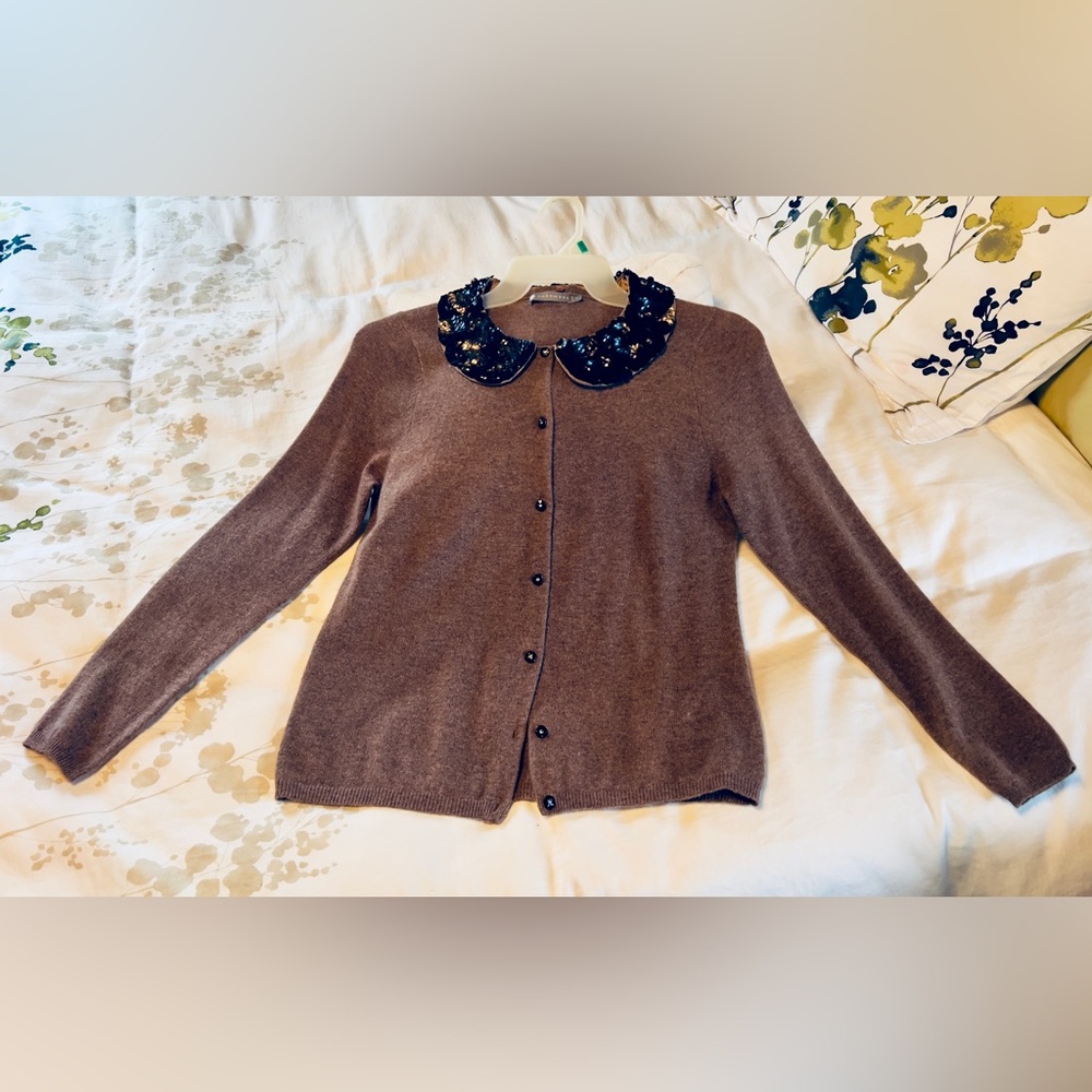 Cashmere cardigan in dark taupe color w/ ornate collar & crystal accent buttons.
